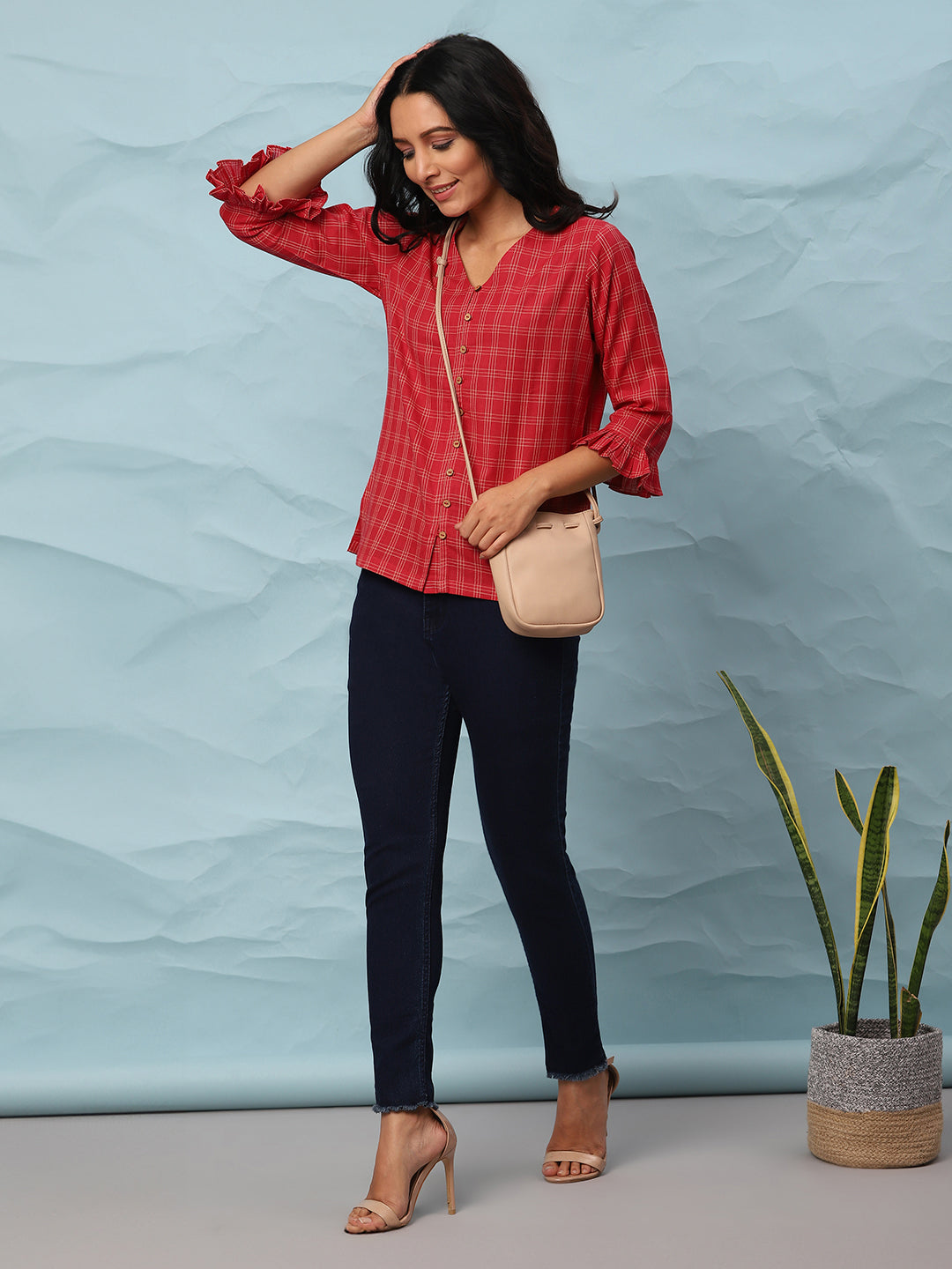 Red Cotton Checkered Top