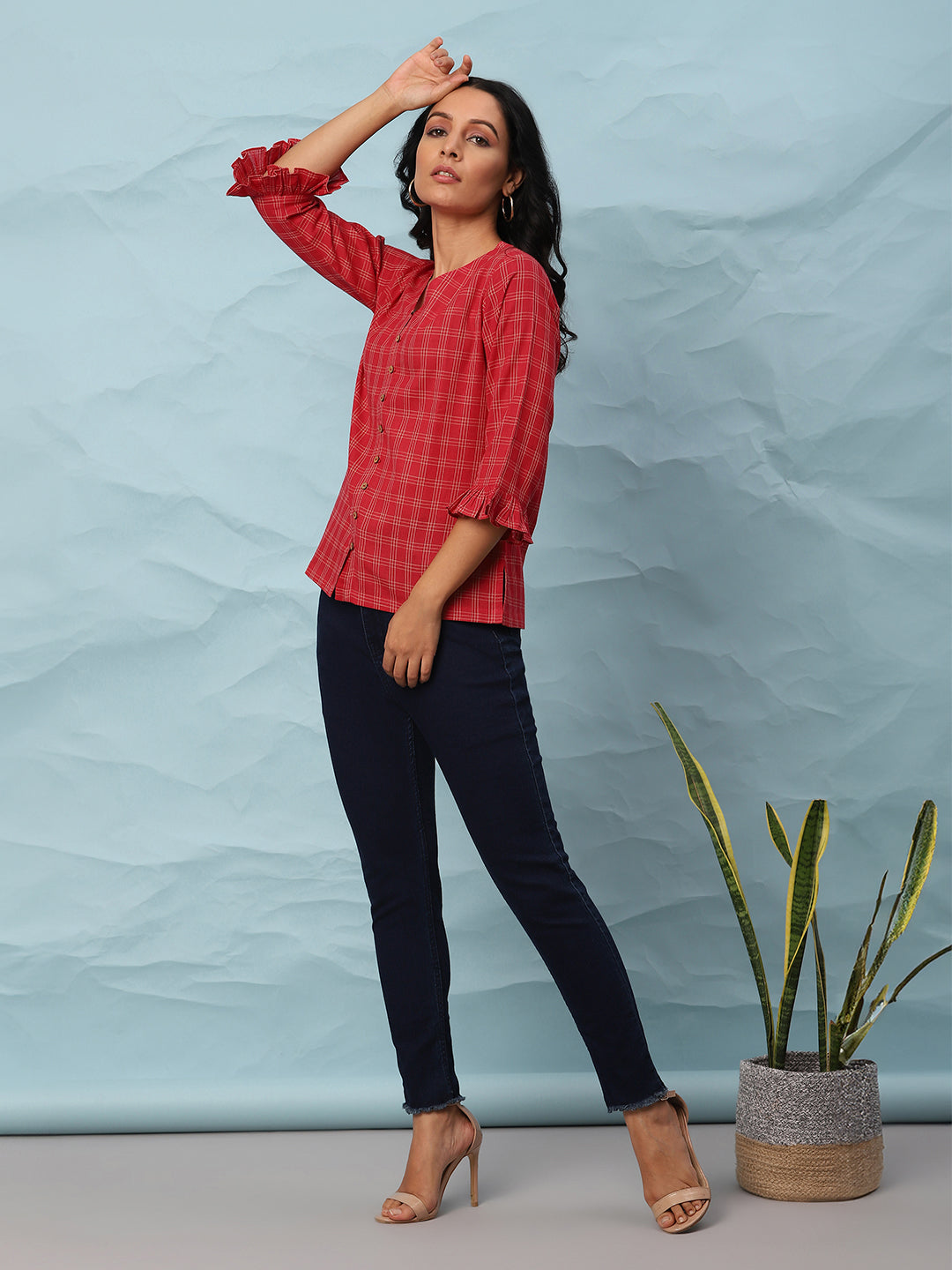 Red Cotton Checkered Top