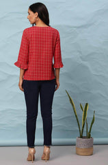 Red Cotton Checkered Regular Top