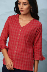 Red Cotton Checkered Regular Top