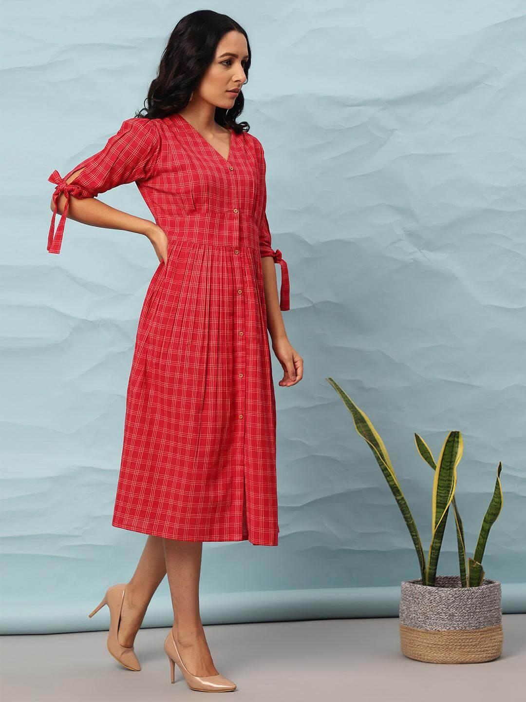 Red Cotton Checkered Flared Western Dress