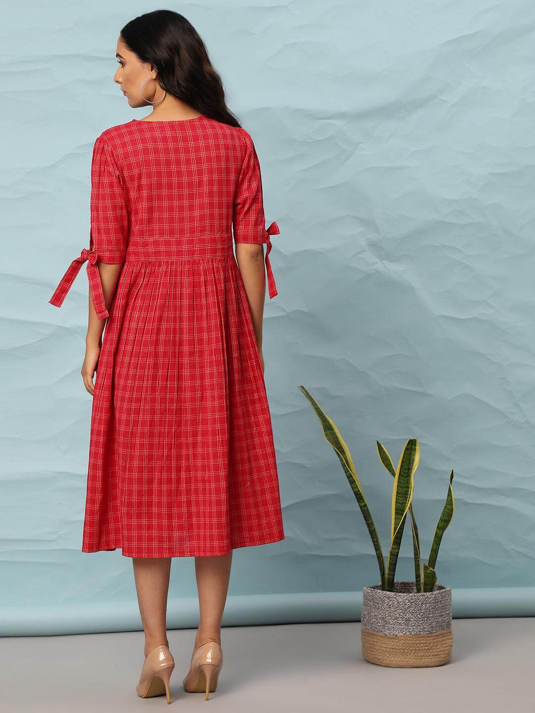 Red Cotton Checkered Flared Western Dress