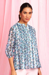 Blue Poly Georgette Floral Print Pleated Top