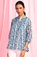 Blue Poly Georgette Floral Print Pleated Top