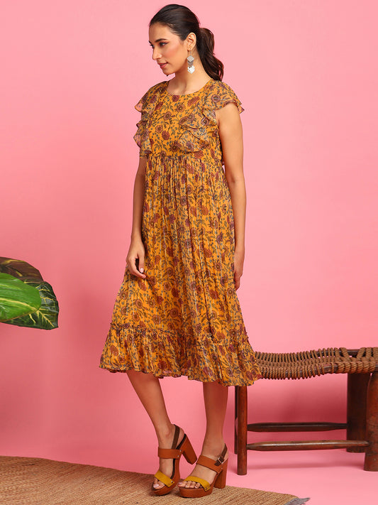Mustard Poly Georgette Floral Flared Western Dress