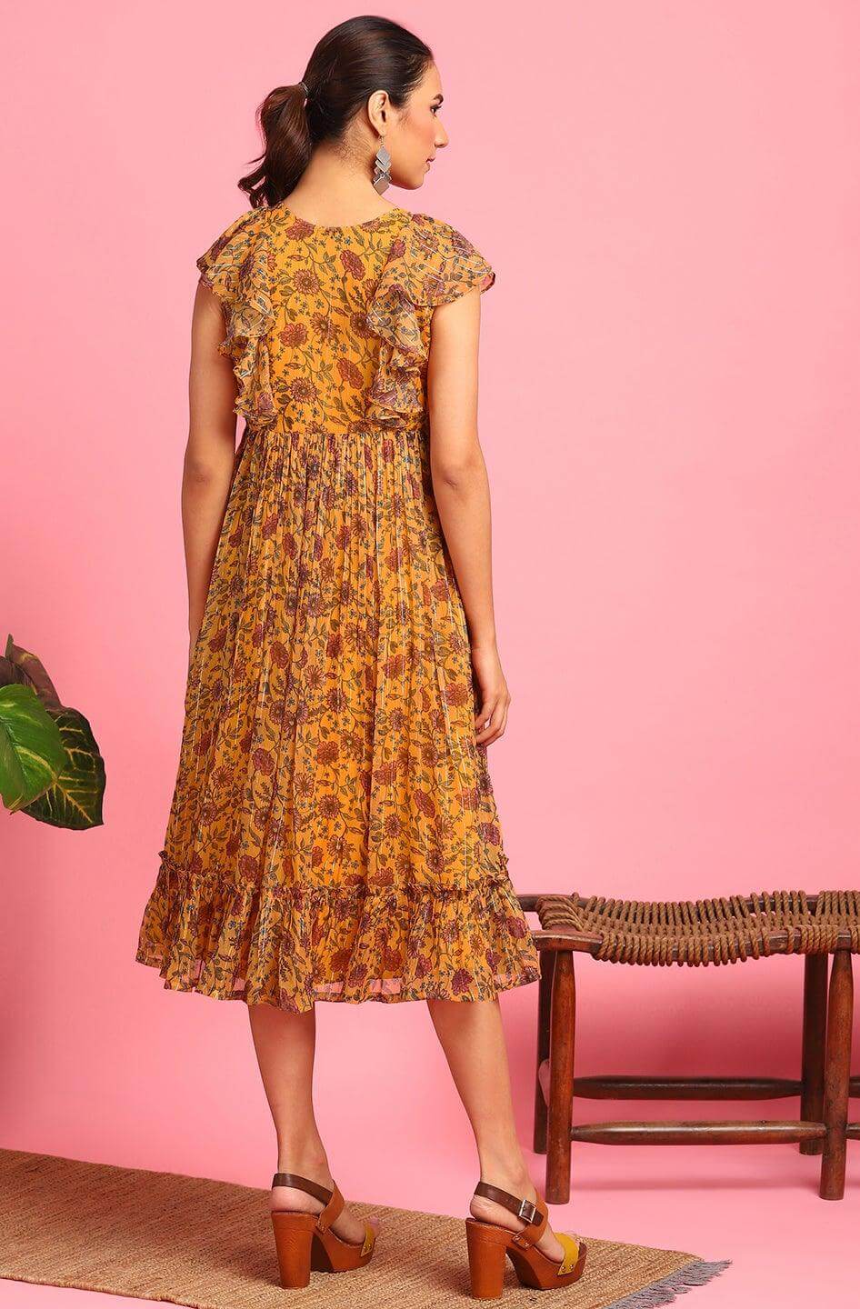 Mustard Poly Georgette Floral Flared Western Dress