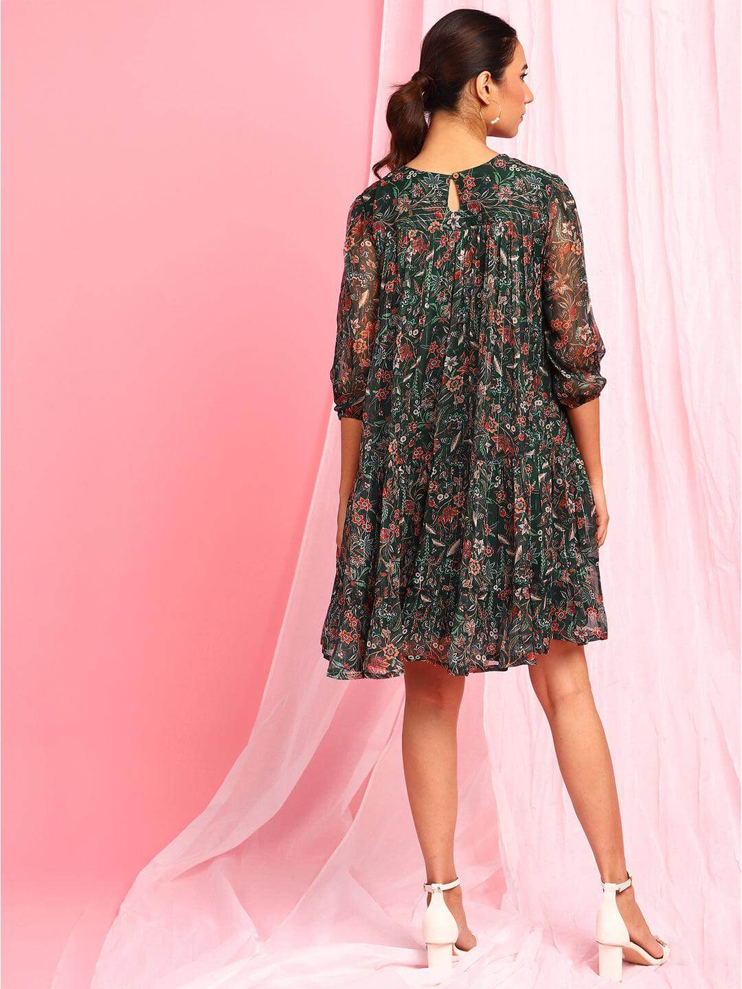 Green Poly Georgette Floral Flared Western Dress