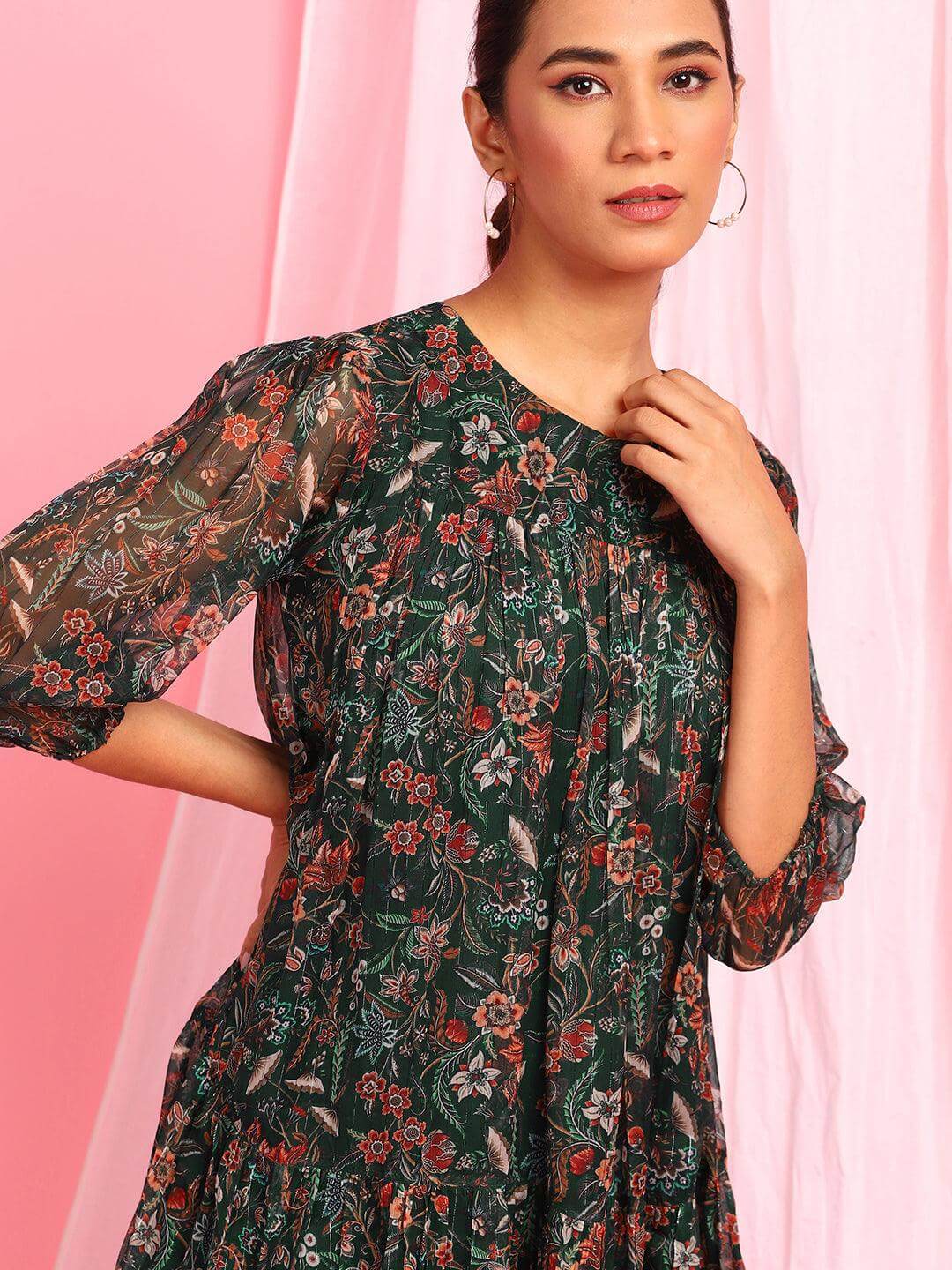 Green Poly Georgette Floral Flared Western Dress