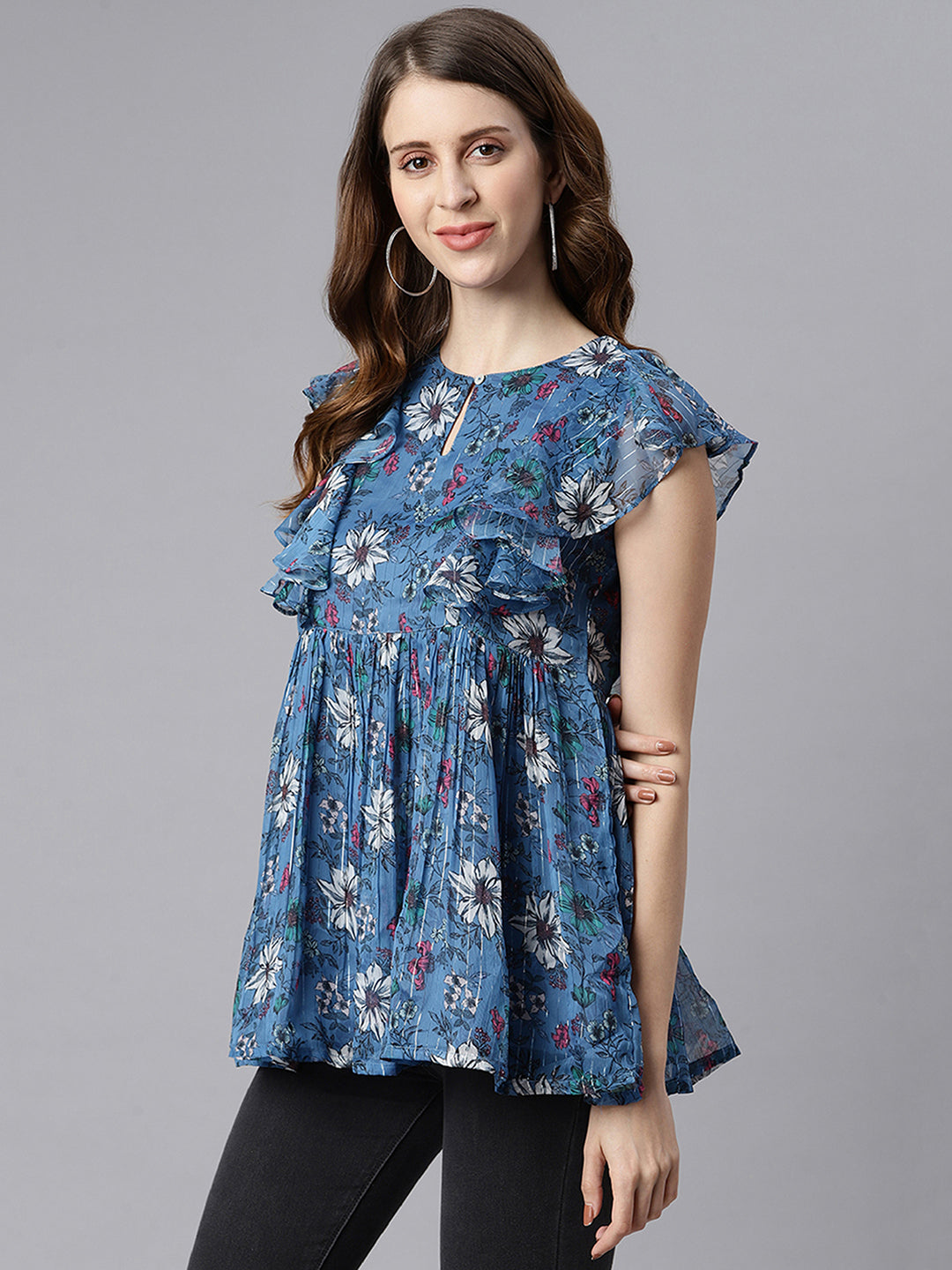 Blue Poly Georgette Floral Print Gathered Top