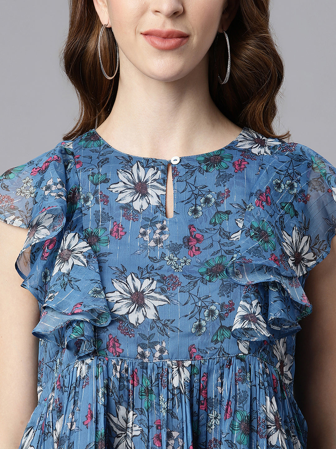 Blue Poly Georgette Floral Print Gathered Top