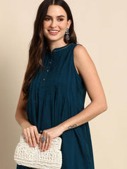Teal Cotton Solid A-line Western Dress