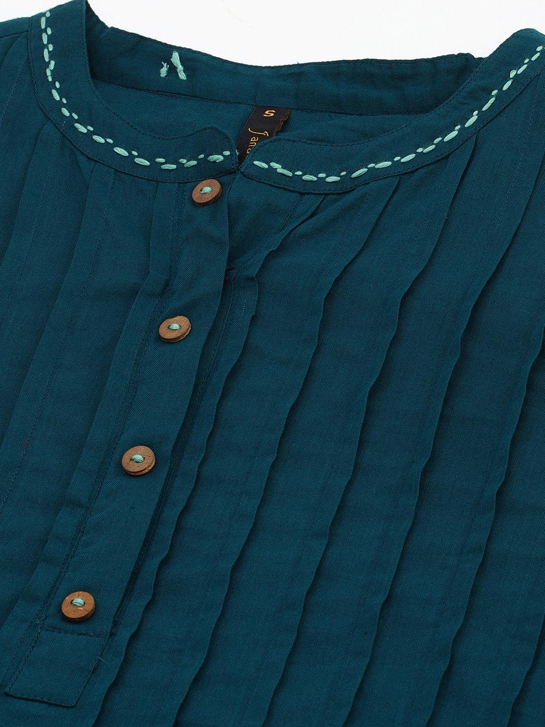 Teal Cotton Solid A-line Western Dress