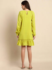 Lime Green Cotton Solid Drop-Waist Western Dress