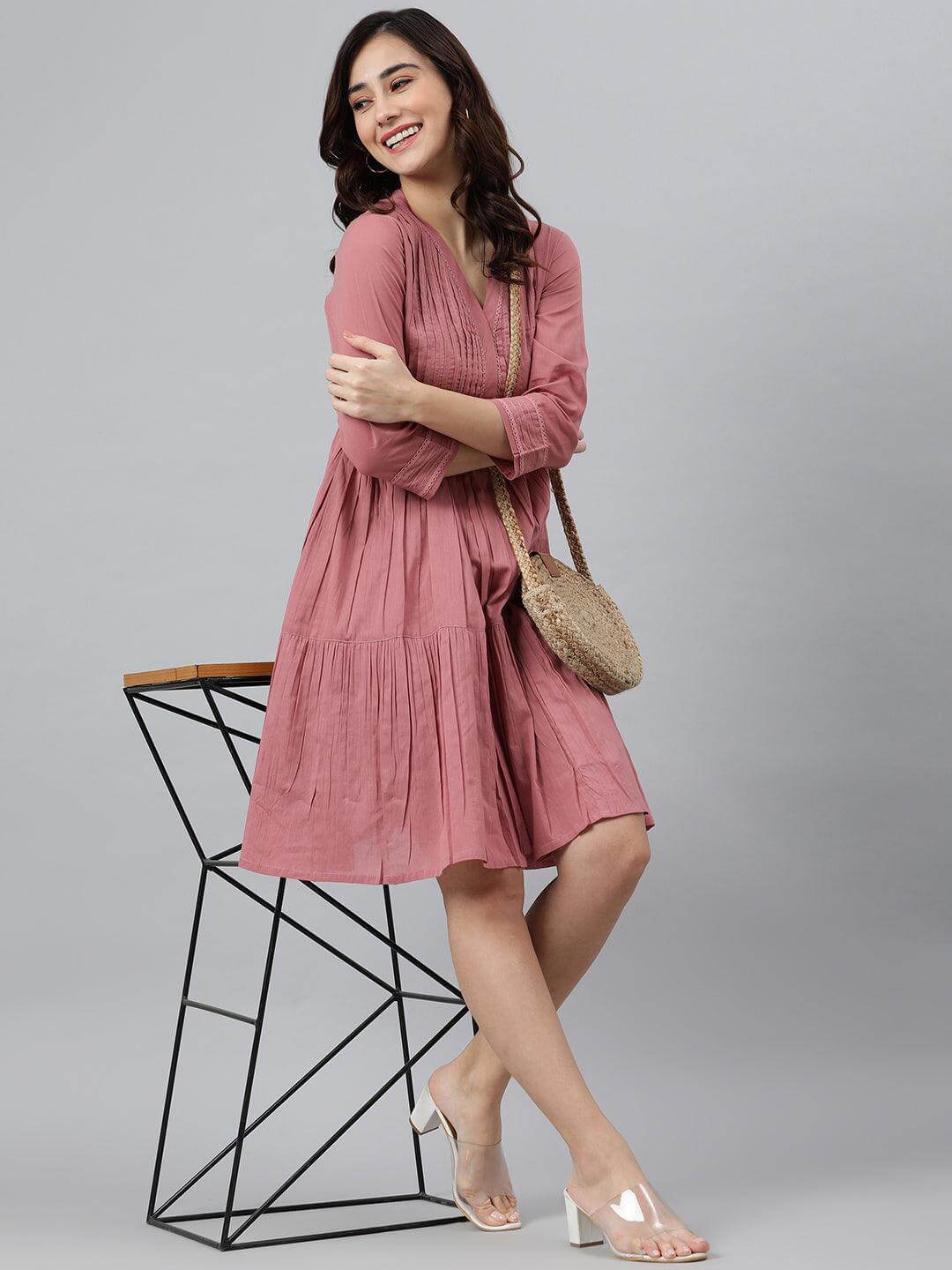 Coral Pink Cotton Solid Flared Western Dress