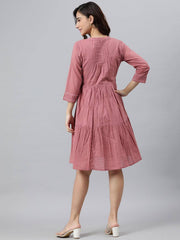 Coral Pink Cotton Solid Flared Western Dress