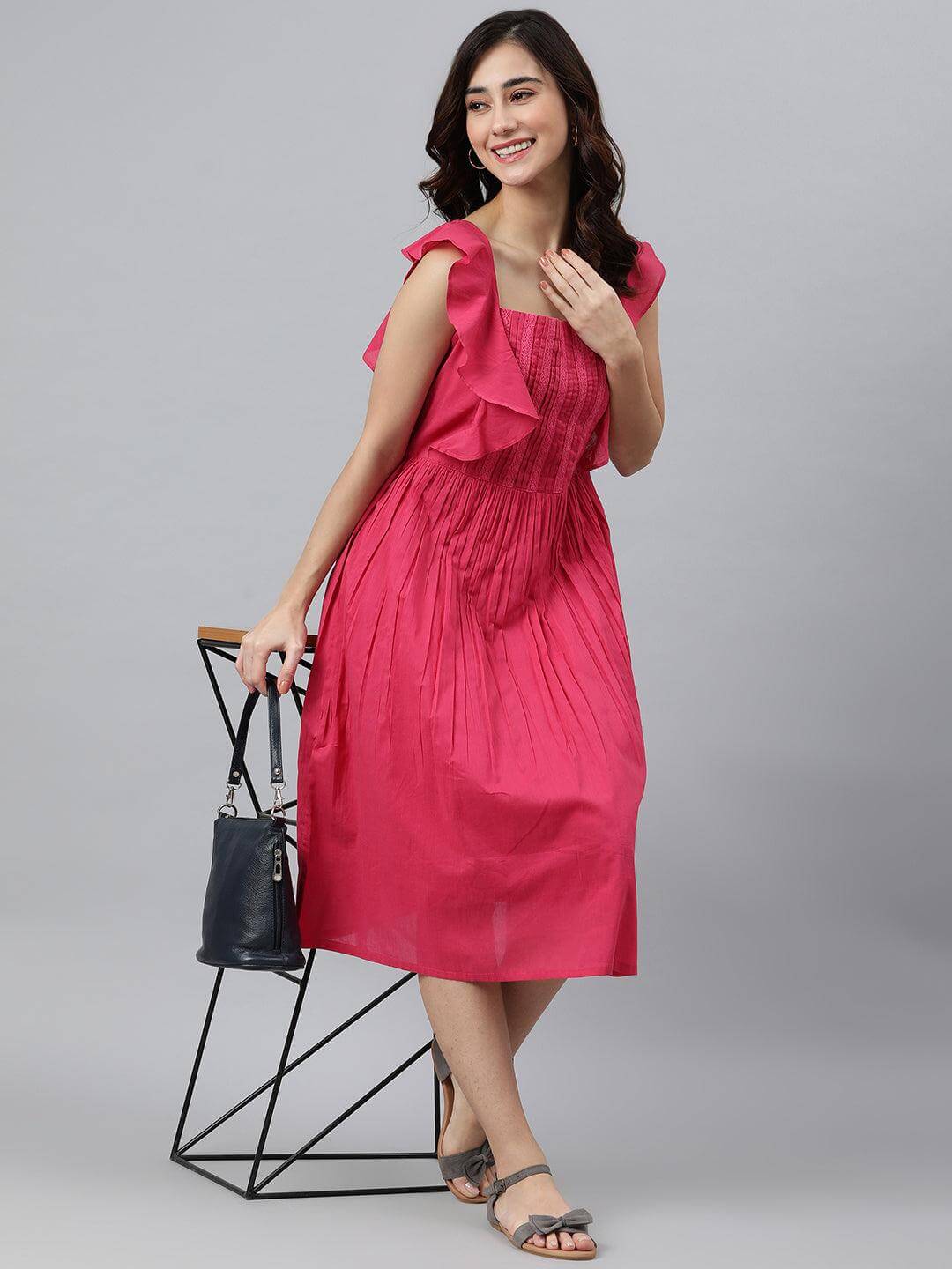 Pink Cotton Solid Flared Western Dress