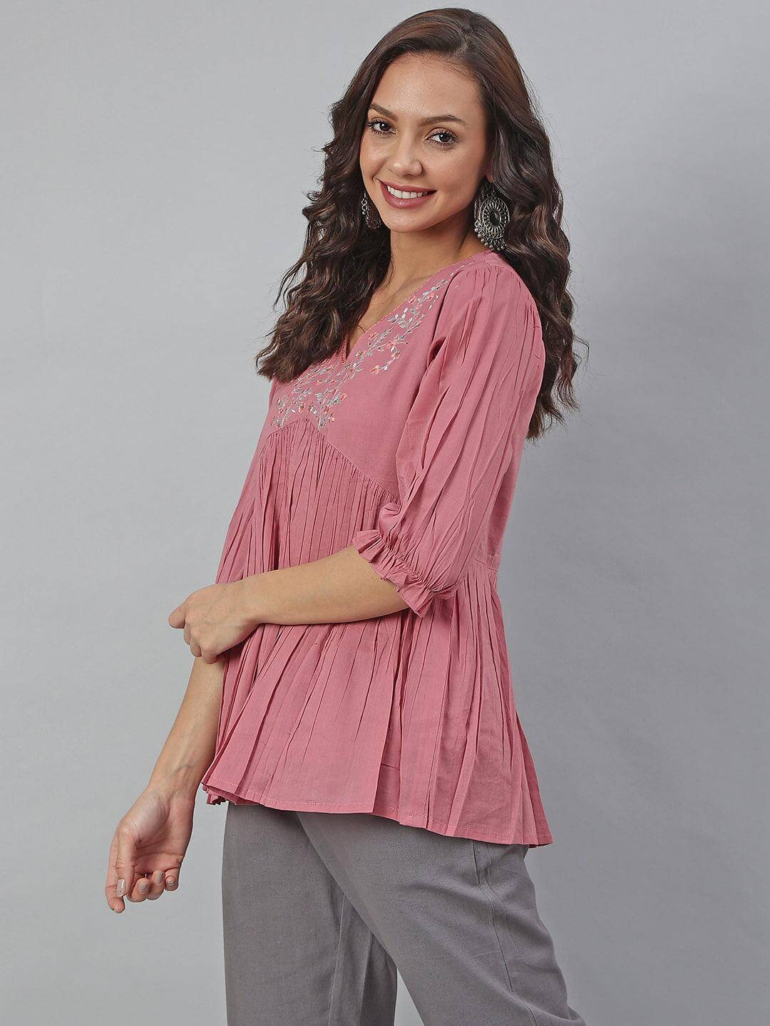 Pink Cotton Embroidered Fit and Flared Top