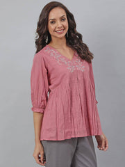 Pink Cotton Embroidered Fit and Flared Top