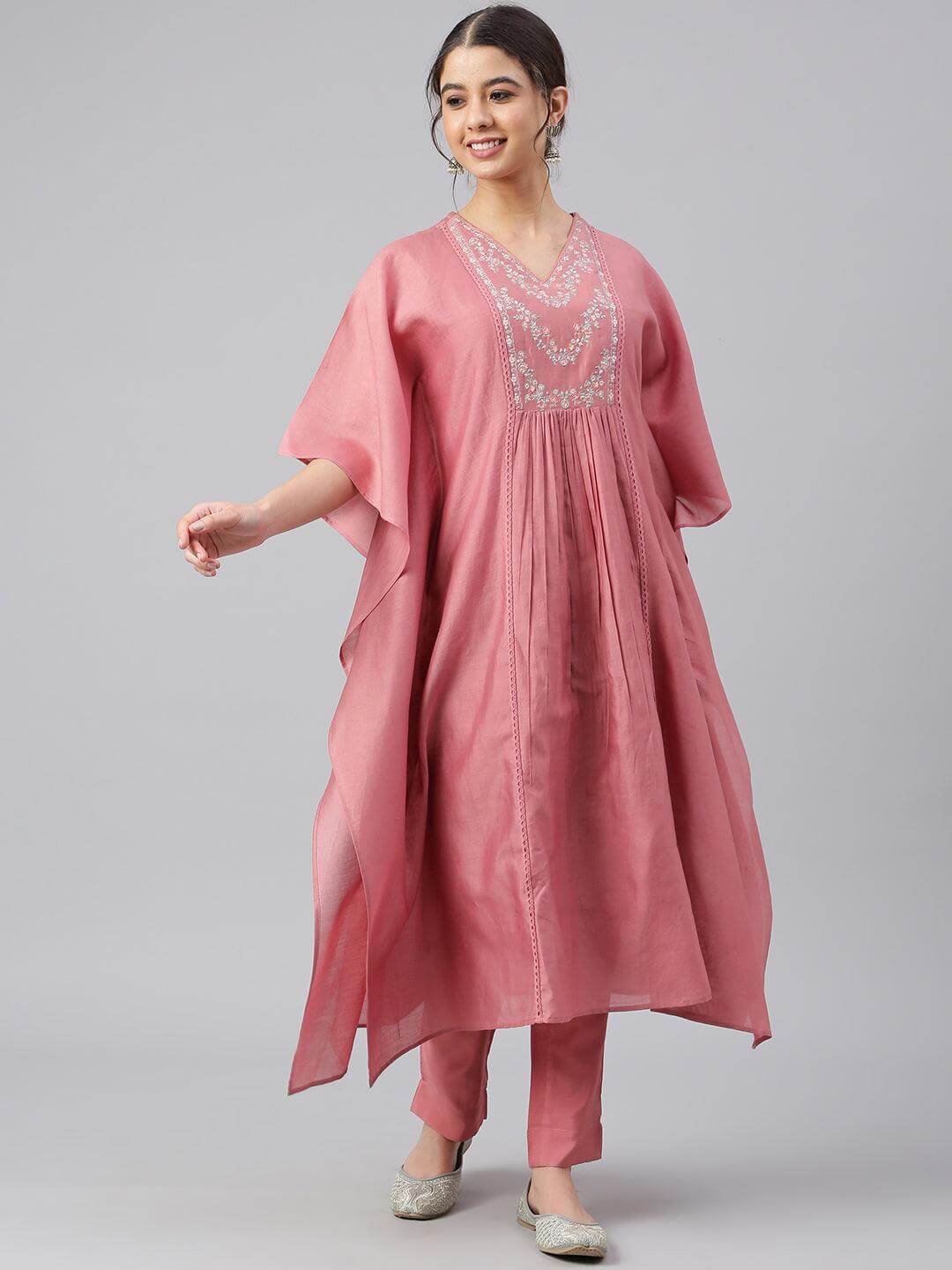 Rose Red Polyester Solid Kaftan with Pant