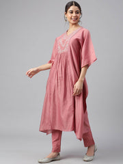 Rose Red Polyester Solid Kaftan with Pant