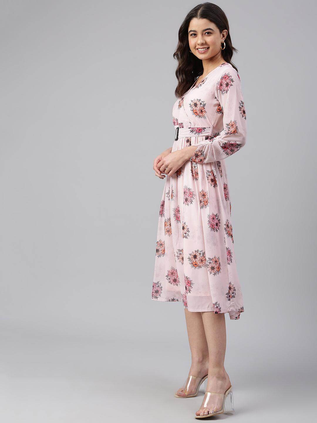 Peach Georgette Floral Print Flared Western Dress