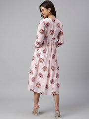Peach Georgette Floral Print Flared Western Dress