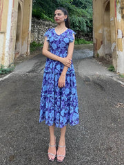 Blue Georgette Printed Flared Western Dress