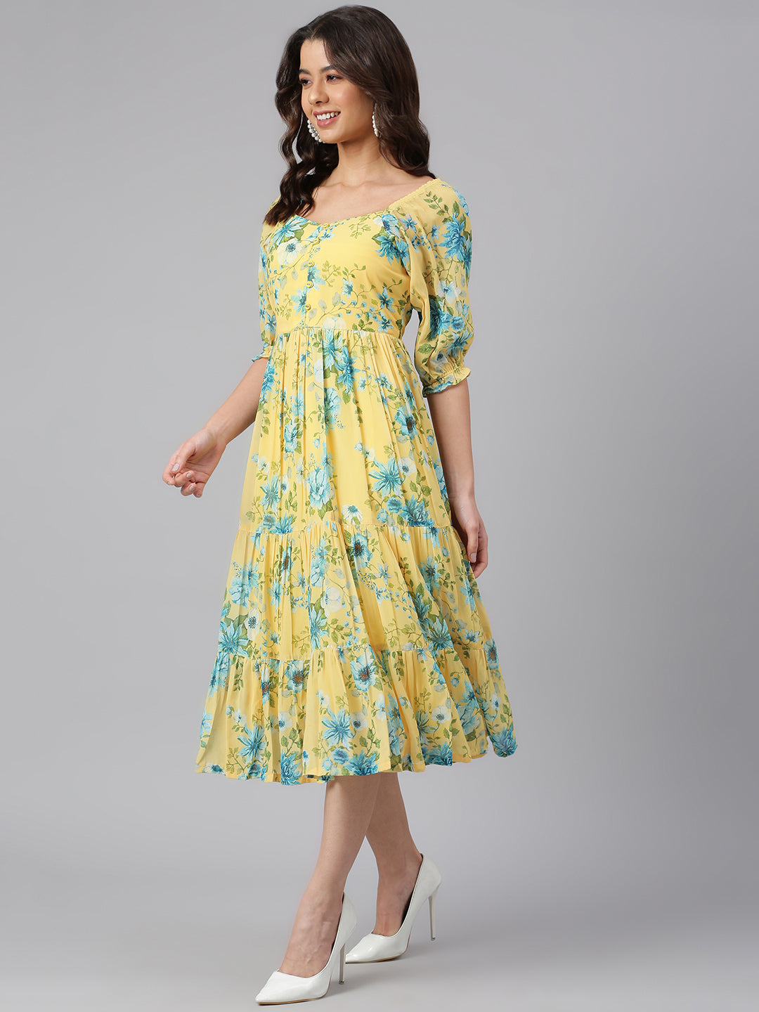 Yellow Georgette Floral Print Flared Western Dress