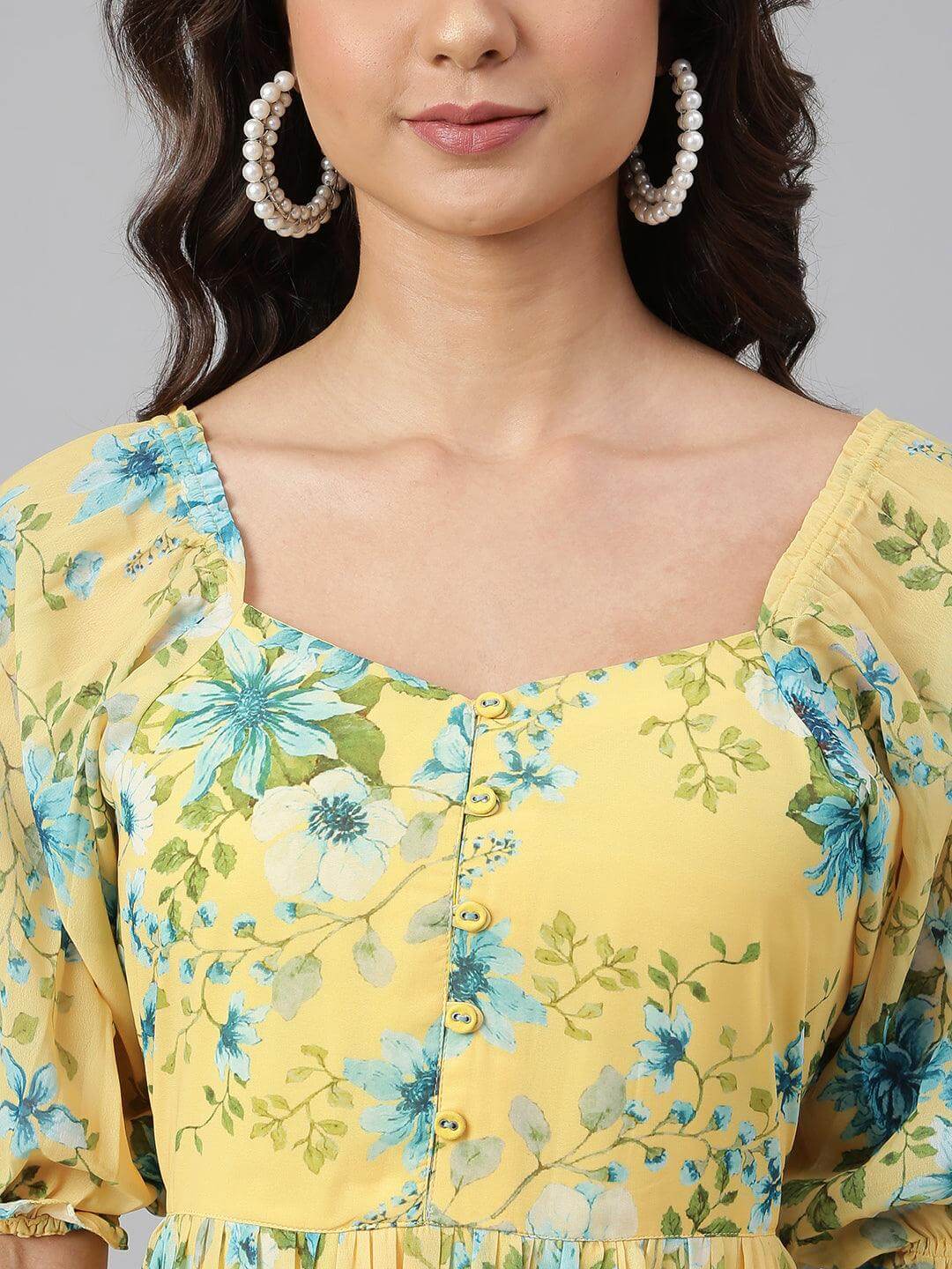 Yellow Georgette Floral Print Flared Western Dress