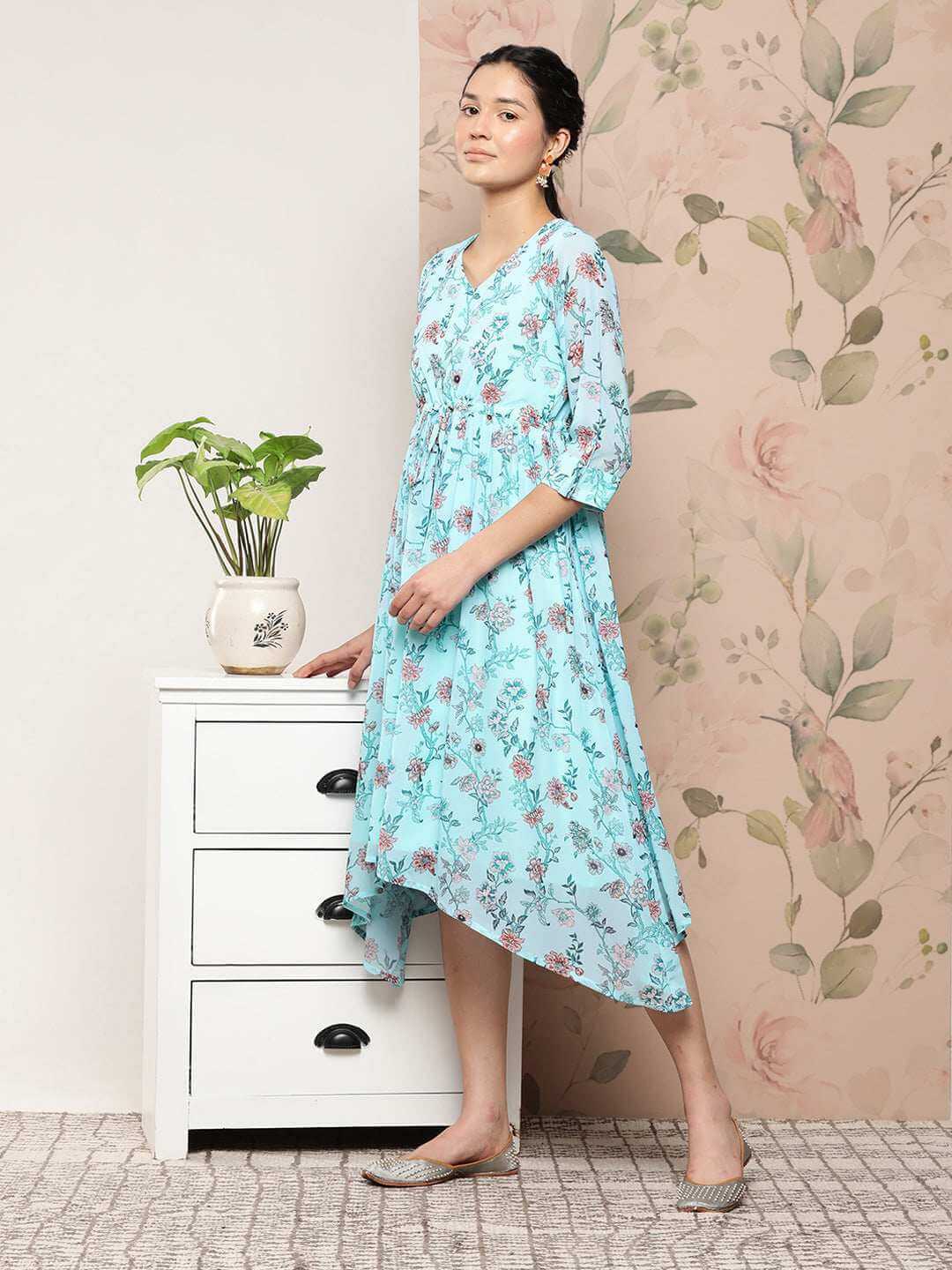 Sky Blue Georgette Floral Print Asymmetric Western Dress