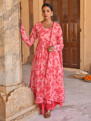 Pink Georgette Floral Print Kurta with Flared Palazzo and Dupatta
