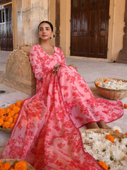 Pink Georgette Floral Print Kurta with Flared Palazzo and Dupatta