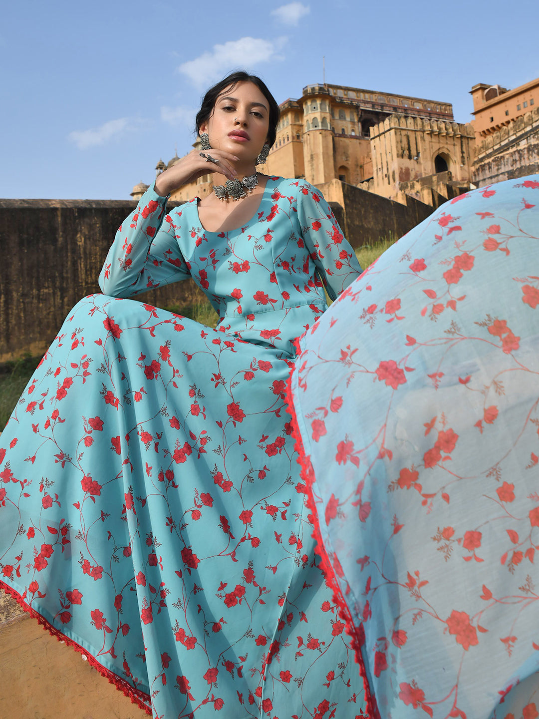 Blue Georgette Floral Print Kurta Palazzo Set