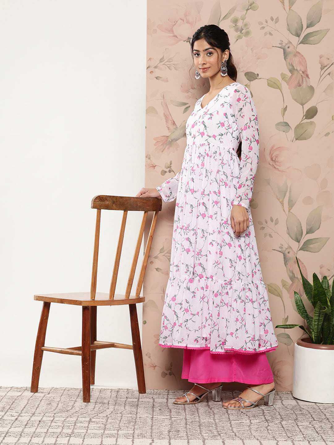 White Georgette Floral Print Kurta with Flared Palazzo and Dupatta