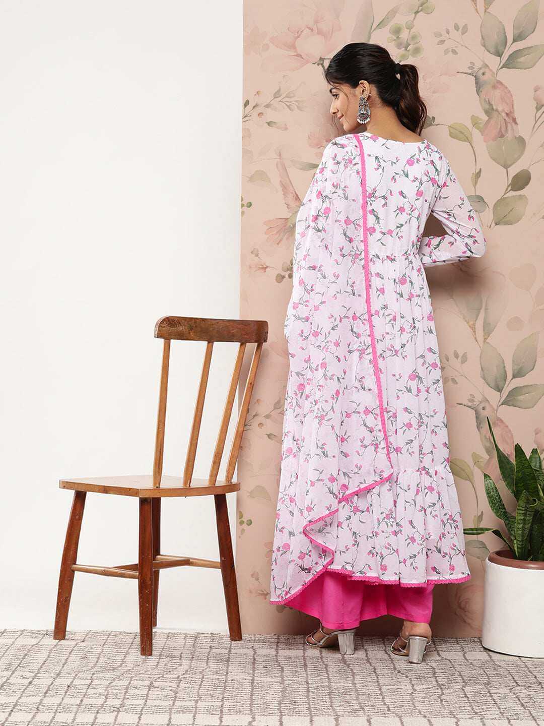 White Georgette Floral Print Kurta with Flared Palazzo and Dupatta