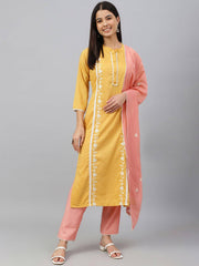 Mustard Poly Silk Floral Embroidery Kurta with Pant and Dupatta