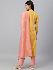 Mustard Poly Silk Floral Embroidery Kurta with Pant and Dupatta