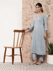 Mint Blue Poly Silk Floral Embroidery Kurta with Pant and Dupatta
