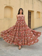 Red Cotton Floral Print Tiered Western Dress
