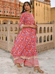 Red Cotton Floral Block Print Kurta with Flared Palazzo and Dupatta