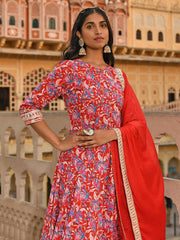 Red Cotton Floral Block Print Kurta with Flared Palazzo and Dupatta