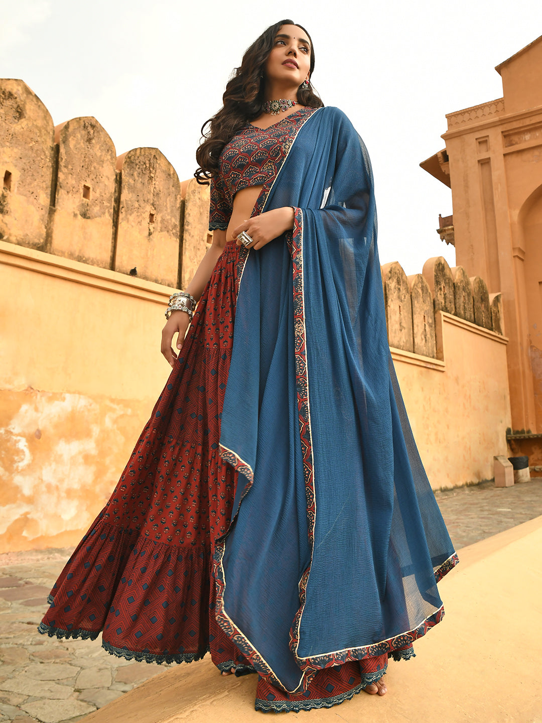 Maroon Cotton Block Print Lehenga Choli With Dupatta