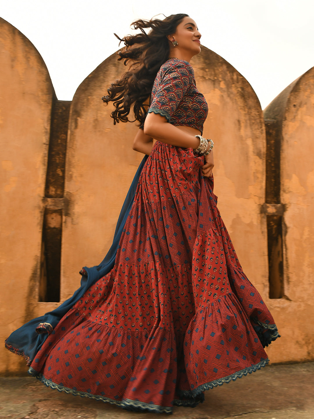 Maroon Cotton Block Print Lehenga Choli With Dupatta