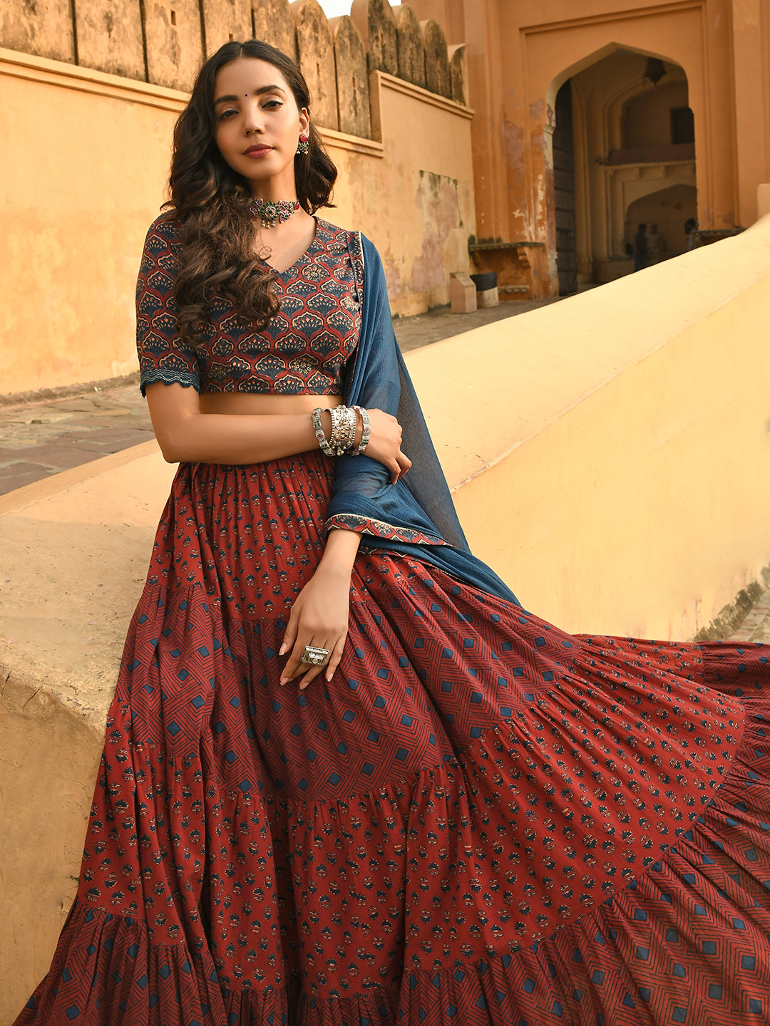 Maroon Cotton Block Print Lehenga Choli With Dupatta