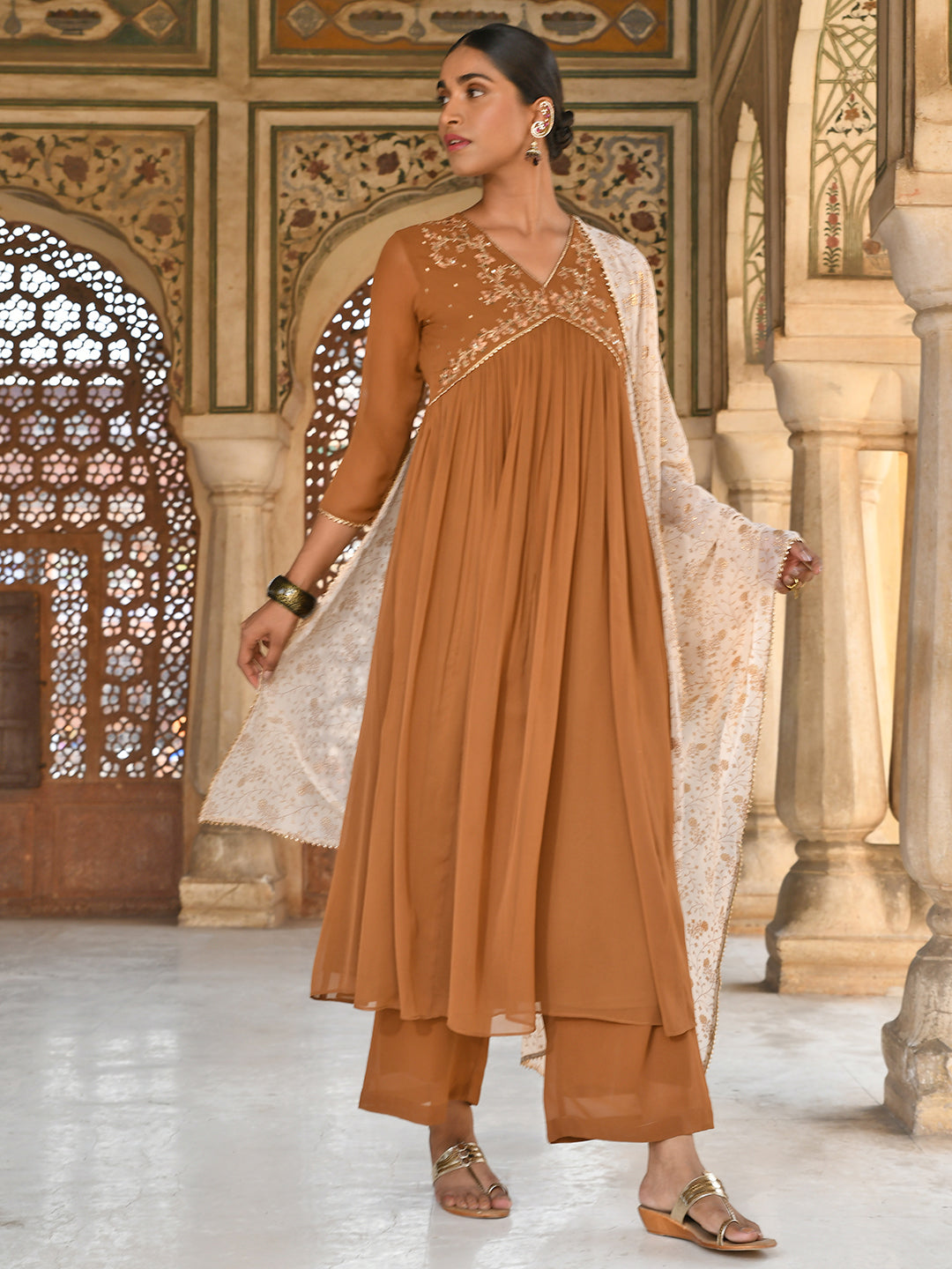 Brown Georgette Floral Embroidery Kurta Palazzo Set