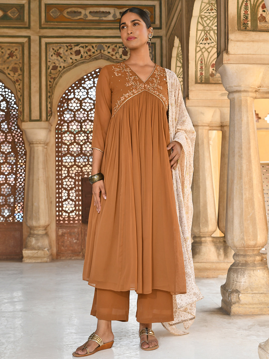 Brown Georgette Floral Embroidery Kurta Palazzo Set