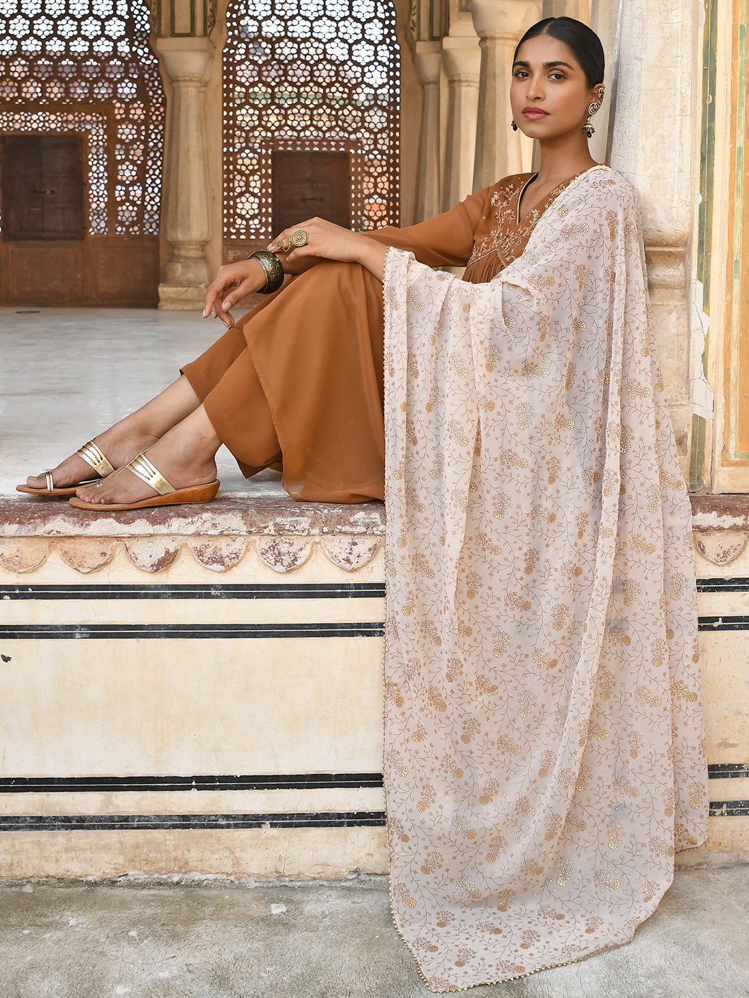 Brown Georgette Floral Embroidery Kurta Palazzo Set