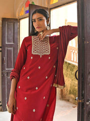 Maroon Chinnon Embroidered Kurta with Skirt and Dupatta