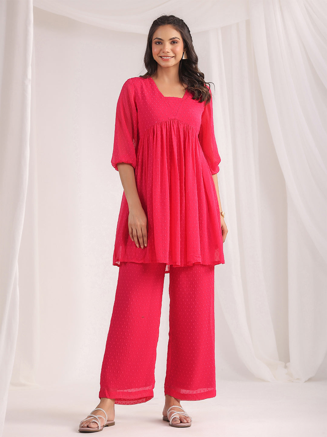 Janasya Women's Pink Dobby Georgette Self Design Gathered Co-ord Set