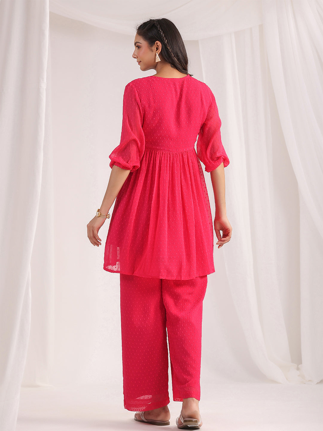 Janasya Women's Pink Dobby Georgette Self Design Gathered Co-ord Set